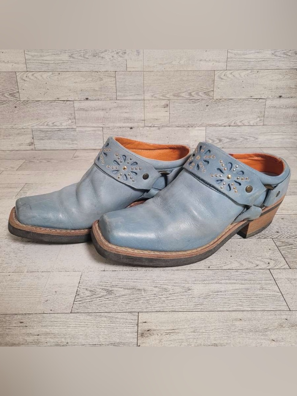Women’s Frye Blue Leather Floral Harness Hippie Mule Biker Boots Size 6